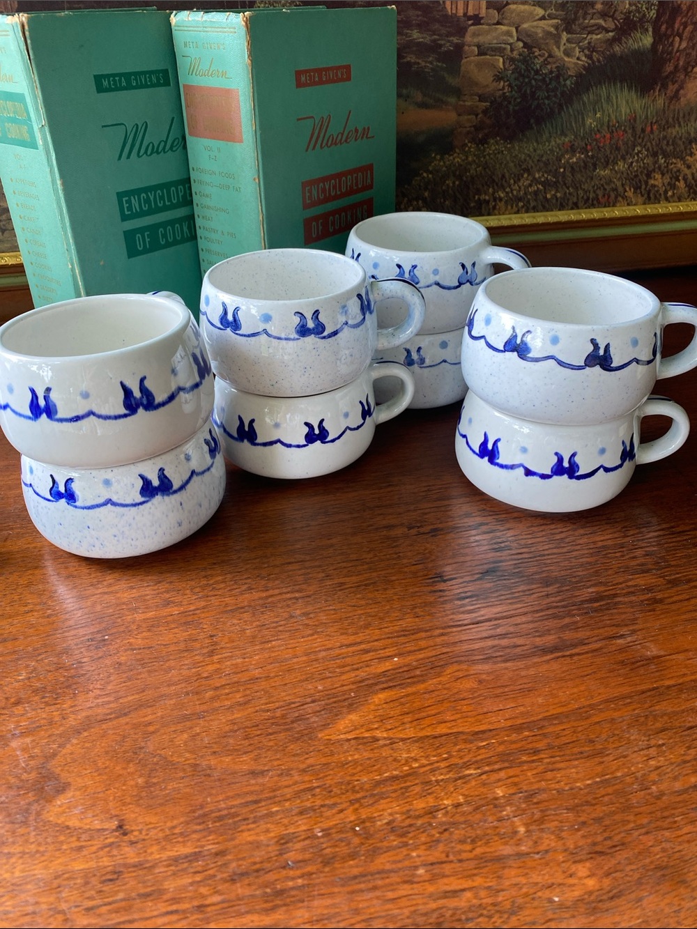 Vintage Poppytrail Provincial Blue Mugs Made by Metlox Pottery in California.